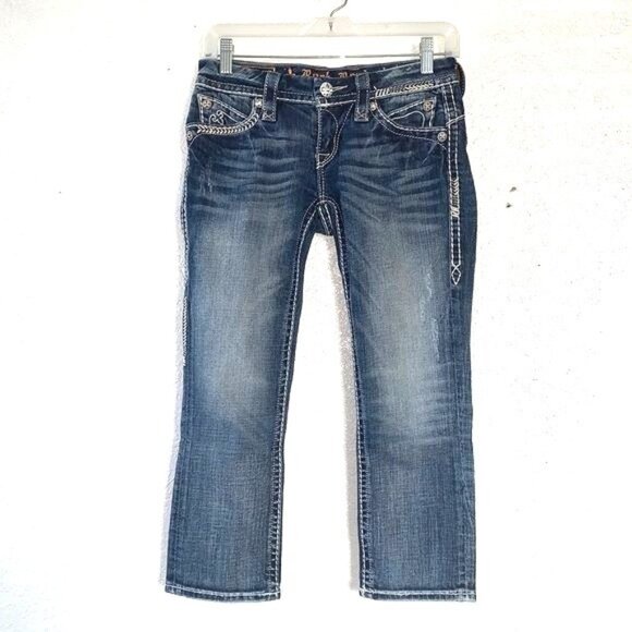 Rock Revival Sasha P31 Bootcut Jeans Womens 29 Dark Wash Distressed Denim Embroi - Picture 1 of 15